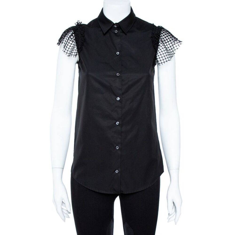 N21 Black Cotton Grid Lace Paneled Feather Trim Shirt Xs